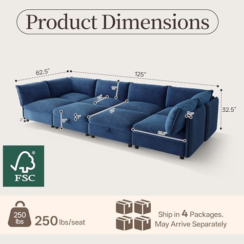 Image of Oversized Corduroy Modular Sectional Sofa Bed with Hidden Storage, Convertible L U Sleeper Couch, 8-Seat Modular Sofa Free Combination with Ottoman & Removable Covers for Living Room, Blue
