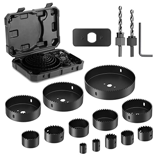HYCHIKA 19 PCS Hole Saw Kit, 3/4" to 5"(19mm-127mm) Hole Saw Set in Case, Holesaw Multi Tool with 2 Mandrels, 2 Drill Bits, Installation Plate & Hex Key for Soft Wood, PVC Board, Plywood, Dr
