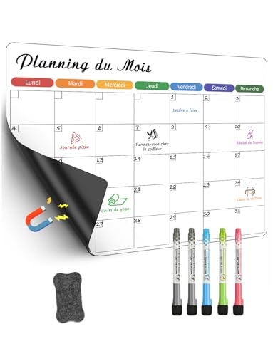 Planning Frigo Magnétique et Tableau Organisation Famille - Semainier Effaçable à Sec avec Adhérence Totale - Calendrier Frigo Idéal pour Menu Semaine,...