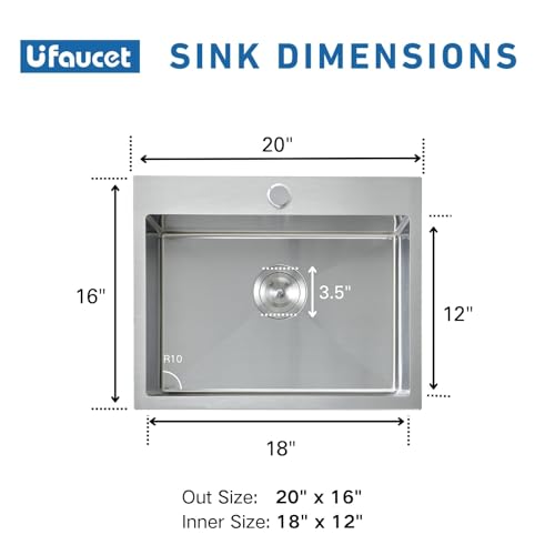 Image of 20 x 16 Drop In Kitchen Sink, Stainless Steel Top Mount Drop In Single Bowl Bar Wet Prep RV Outdoor Kitchen Sink 16 Gauge Brushed Nickel