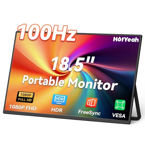 HotYeah Portable Monitor, 18.5' 1080P 100Hz 125% sRGB Laptop Monitor USB-C HDMI External Computer Display HDR FreeSync w/Kickstand & Speaker, 2nd Screen for Laptop PC Mac Phone Tablet Switch PS5 Xbox