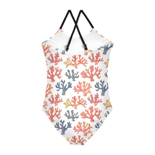 senya Girls Swimsuits One-Piece Swimwear Tie Bathing Suit Beach Summer Round Neck 5-6T Coral Pattern2