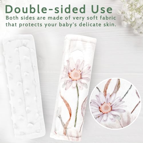 Image of Carseat Strap Pads for Babies Girls, Double-Sided Use, Super Soft, Infant Car Seat Strap Covers, Seat Belt Covers for Baby Car Seats /Pushchair /Stroller /High Chair, Flower Pattern
