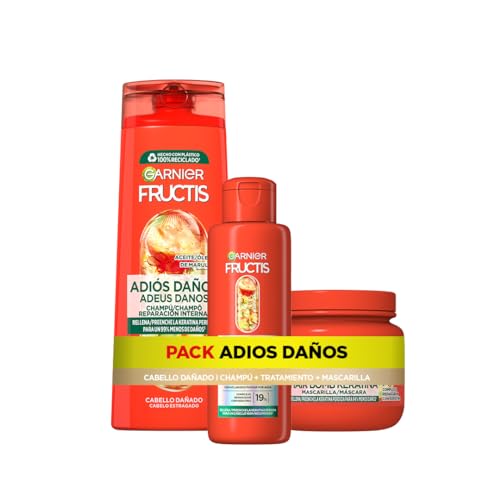 Garnier Fructis Rutina Adiós Daños con Tratamiento, Champú y Mascarilla, Rutina para cabello dañado, Reparación profunda, Con Queratina, 200ml+380 ml+320 ml