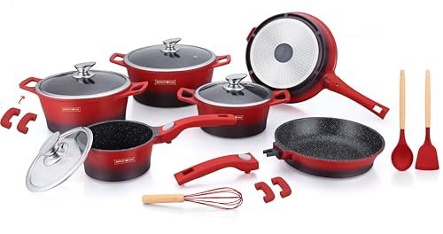 ROYALTY LINE, Ensemble de 17 pièces, Batterie de Cuisine en aluminium moulé, revêtement marbré, avec poignées en silicone amovibles, compatible tous feux,...