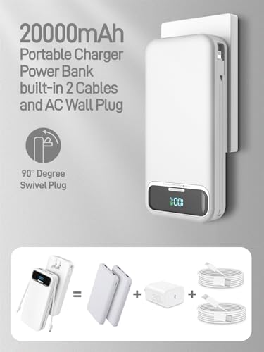 Image of Nusyddy Portable Charger 20000mAh 22.5W w /Built-in Cables & Wall Plug White | 22.5W Fast Charging, High Capacity, LED Display, Charge 5 Devices at once, TSA Approved, Compatible with iPhone /iPad /Samsung