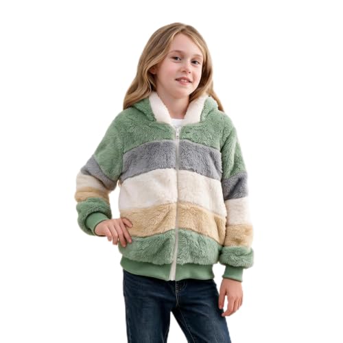 Image of Girls Fleece Jackets Kids Sherpa Fuzzy Zip up Hoodie Fall Winter Contrast color Pullover Sweatshirt 4-12 Years