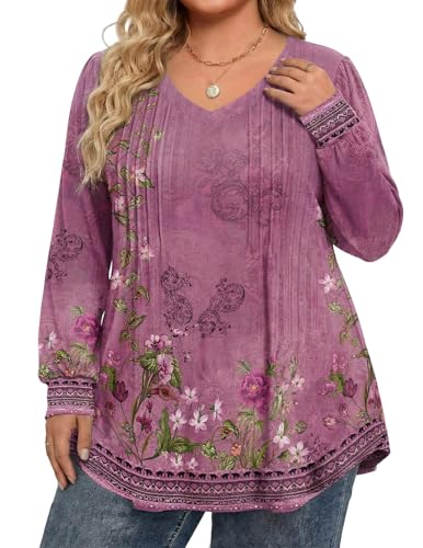 Image of IN'VOLAND Womens Plus Size Shirts V Neck Puff Long Sleeve Tops