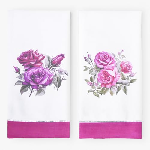 EmbroideryLinen.VN Hand Towels Set of 2, 16x24 inch, Cotton Linen Blend, Printed Floral Pattern, Machine Washable, Decorative Towels for Bathroom or Kitchen, Gift-Ready (Rose)