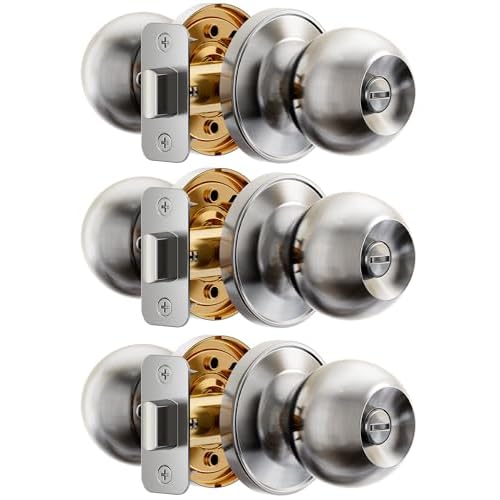 Veise Interior Door Knob 3-Pack, Keyless Privacy Door Locks for Bedroom & Bathroom, Thumb Lock & Emergency Release, Rust-Proof Metal, Easy to Install,