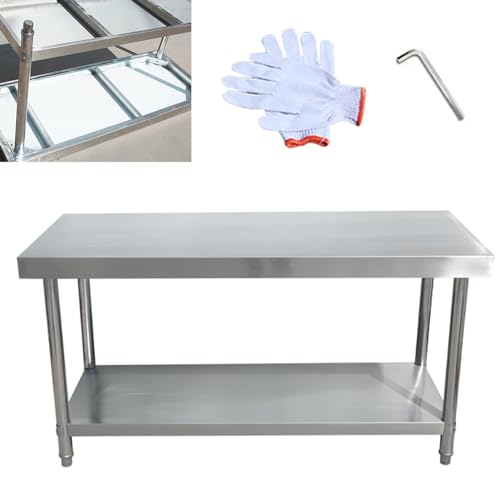 Mesa de Acero Inoxidable para Preparación Y Trabajo, Banco de Trabajo de Metal Comercial, para Restaurante, Almacén, Hogar, Cocina, Garaje, Cromado (Color : Double Layer, Size : 70x60cm/28x24in)