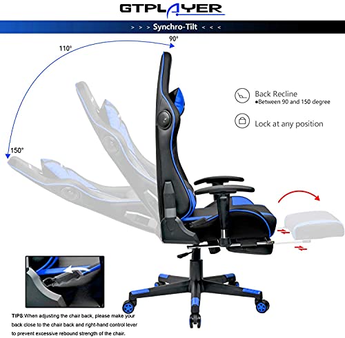 Image of GTPLAYER Gaming Chair with Footrests, Bluetooth Speaker, Music Chair, Ergonomic Computer Chair, Desk Chair, Blue