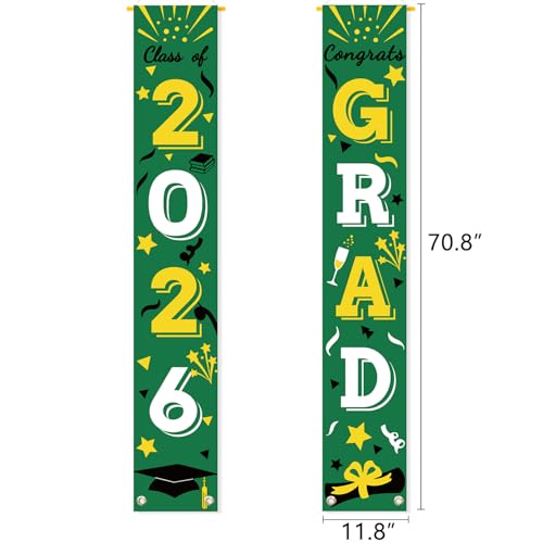 Image of Graduation Porch Banner Class Sign Congrats Grad Hanging Flags High School College University Party Decoration For Front Door Outdoor Green Gold