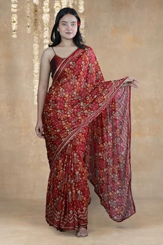 Image of MIRCHI FASHION Women Saree Floral Print Chiffon | Lightweight Festive Occasion Sari for Farewell and Functions with Unstitched Blouse Piece