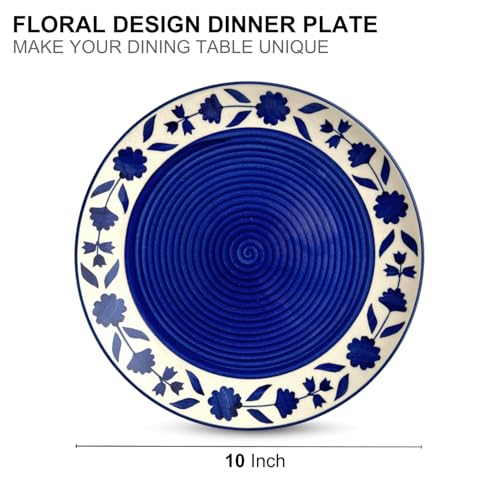 Image of Freakway Floral 'Blue and White Plate Pair' Handpainted Plates in Ceramic 10 Inches, Set of 6, Dishwasher & Microwave Safe