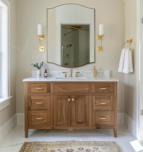 Image of ANDY STAR 30 inchx40 inch Scalloped Wall Mirror, Brushed Gold Rectangle Bathroom Mirror with Curved Edge Stainless Steel Metal Frame, Large Wall-Mounted Mirror for Bathroom, Entryway (Horizontal /Vertical)