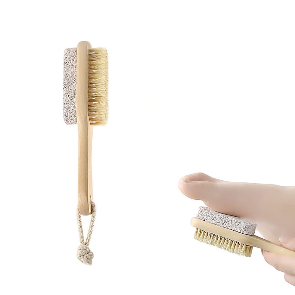 Minta Double Sided Foot Pumice Stone Natural Bristle Foot Brush, With Wooden Handle, Dead Skin Massage, Foot Scrubber Exfoliator, Foot Care Tools, Suitable for Feet Dry Dead Skin