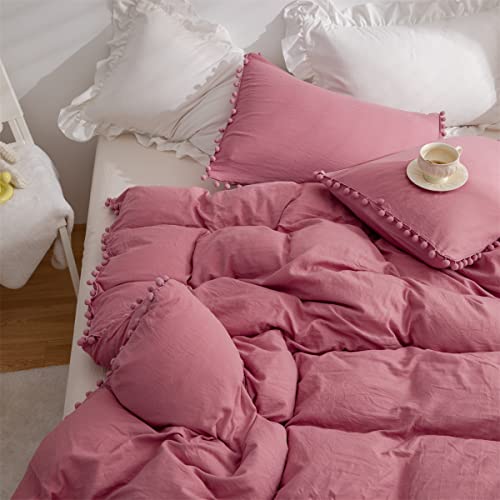 Ihoustriy Kid's Duvet Cover Twin Size,100% Washed Microfiber 2Pcs Girl Bedding Duvet Cover Set, Pom Poms Fringe Solid Color Soft And Breathable With Zipper Closure & Corner Ties (Dusty Rose, Twin) #TOP4