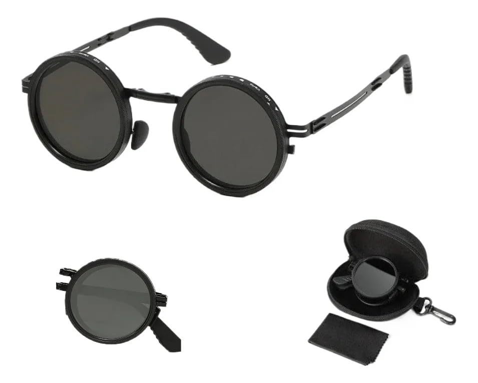Image of Adjustable Tint Sunglasses, 1-9 Gear Adjustable Polarized Sunglasses with ND Filter Lenses, Round Black Lens for Men & Women, UV Protection for Driving, Fishing, and Outdoor Use.