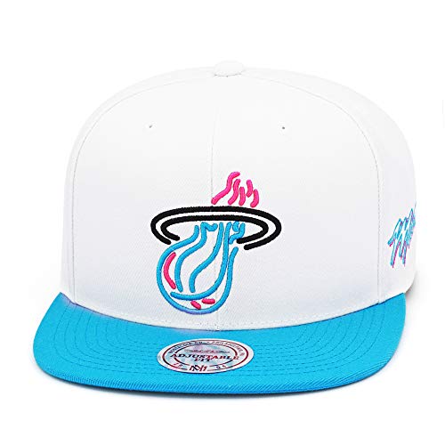 Mitchell & Ness Miami Heat Snapback Hat for Men - Miami Vice - White/Aqua Blue/Fuchsia Pink - Basketball Cap for Men Mitchell & Ness Miami Heat Snapback Hat for Men - Miami Vice - White/Aqua Blue/Fuchsia Pink - Basketball Cap for Men