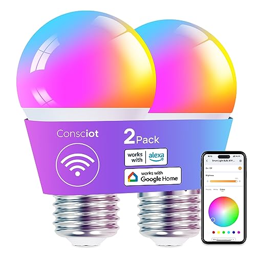 Consciot Smart Bulbs, WiFi LED Bulb Compatible with Alexa and Google Home, Music Sync, Color Changing Bulb, A19 E26 2.4Ghz WiFi Bulbs 60watt Equivalent, 800lm Dimmable 2-Pack