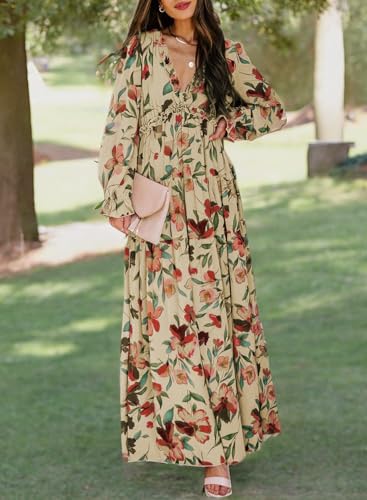 Image of BLENCOT Womens Casual Boho Floral Printed V Neck Long Sleeve Long Maxi Dress Spring Summer Dresses
