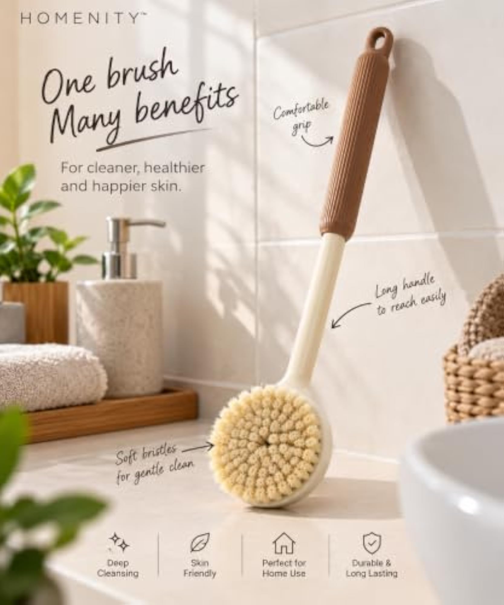 2-in-1 Long Handle Bath & Body Brush with Detachable Massage Head