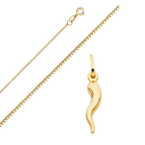 14k Yellow Gold Cornicello Italian Horn Pendant with 0.6mm Box Link Chain Necklace (16.0)