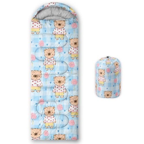 Cute Bear Bolsa de Dormir para Niñas, Bolsa de Camping Impermeable Portátil 3 Temporadas, Ligera y Compacta, Amarillo