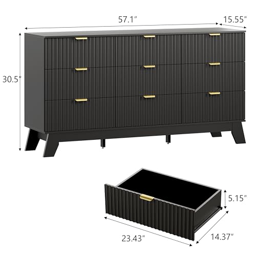 Image of Wodeer 9 Drawer Fluted Dresser for Bedroom, Mid Century Modern Dresser with 9 Drawers, Dressers & Chests of Drawers with Metal Handle, TV Stand & Storage Organizer for Entryway, Hallway, Black