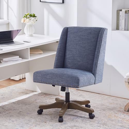 Zihanhome Armless Home Office Chair with Wooden Legs, Modern Adjustable Upholstered Office Desk Chair No Arms Computer Chair Swivel Chair for Home Office Study Studio (Blue)