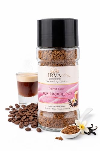 Image of IRVA Irish Indulgence Velvet Noir | Premium Irish Flavoured Instant Coffee (Non-Alcoholic) | Freeze-Dried Granules | Velvety Smooth, Creamy Indulgence with Rich Aroma | Perfect for Hot & Cold Coffee | Cafe-Style Experience at Home | 100 g | Makes 40-50 Cups