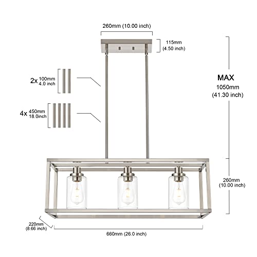 Melucee Rectangle Chandeliers For Dining Room Brushed Nickel Finish 3-Light Kitchen Island Lighting Modern Light Fixtures Ceiling Hanging For Hallway Living Room, Clear Glass Lampshade #TOP1