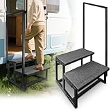2-Step RV Steps with Handrail, Assist Handle with Anti-Slip Mat & Base Support, Portable Stairs for Elderly, Hot Tub, Camper, Mobility Aid Step Stool