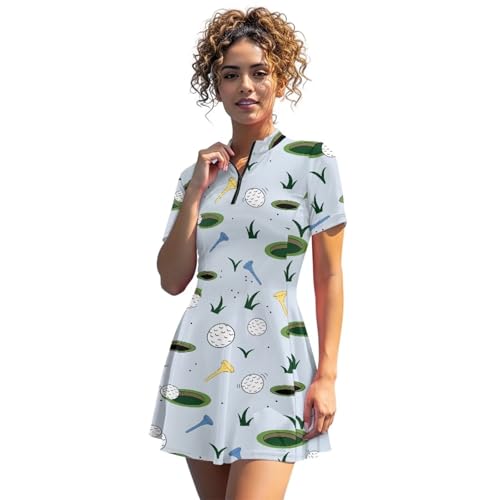 Xpyeesfuen Golf Grass Pattern Lightweight Short Sleeve Tennis Dress for Women,Athletic Golf Quick Dry Workout Casual Dress Fit for Casual Work All-Day Comfort