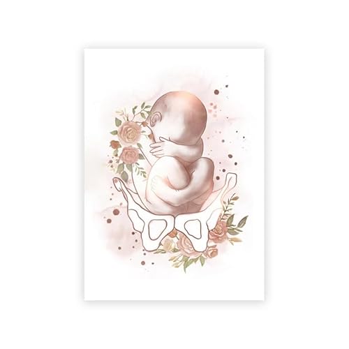 SCZOYJKWY Pregnancy Fetus With Flowers Art Prints Medical Education Posters Female Uterus Pelvis Skeleton Canvas Painting Office(PB28513,50x70 cm No Frame)