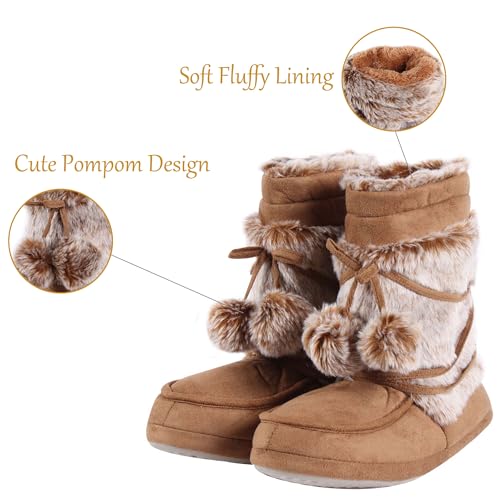 Fluffy Slippers for Women Cute Warm Indoor Bootie Slippers with Pompoms Non-slip House Home Boots3