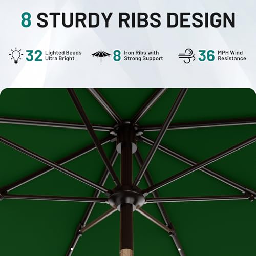 Image of AreShark 9FT Patio Umbrella with Solar Lights, 32 Lighted Pool Umbrella w /Tilt and Crank, Outdoor Market Solar Umbrellas for Garden, Deck, Backyard, Pool and Beach, Dark Green