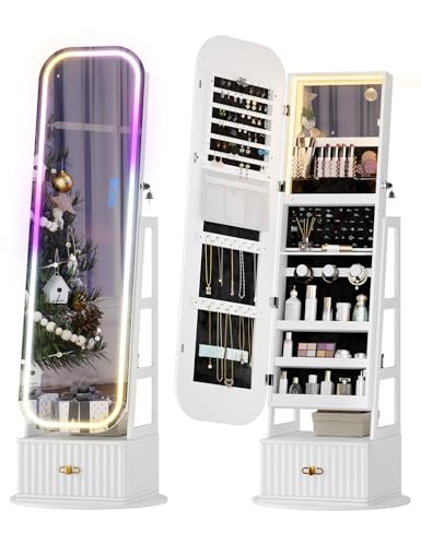 360° Swivel Jewelry Cabinet with Lights - RGB Vanity Mirror | Rotatable Full Length Mirror with Jewelry Storage, Standing Jewelry Armoire Organizer, Foldable Makeup Shelf, White