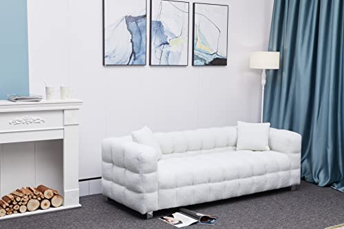 Iqiaite 80'' Luxury Tufted Sofa Couch For 3 Person Fashion Couch With 2 Pillows, Metal Legs Solid Wood Frame Chesterfield Sofa Couch For Living Room/Hotel (White-Teddy) #TOP3