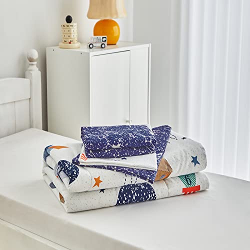 100% Cotton 4 Pieces White Space Toddler Bedding Set With Colorful Rocket Stars And Planet Includes Adorable Quilted Comforter, Navy Fitted Sheet, Top Sheet, And Pillow Case For Boys Girls #TOP7