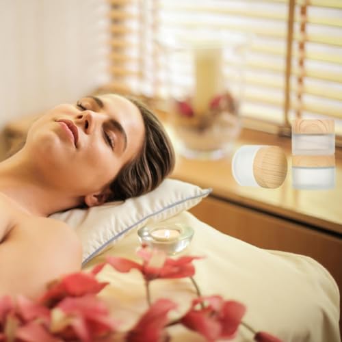 4Packs 0.5oz Round Frosted Glass Cream Jar Bottles 15ml Empty Sample Jars with Wood Grain Lids White Cosmetic Containers Jars for Lotion,Cream,Ointments,Makeup,Eyeshadow,Samples,Travel Storage4