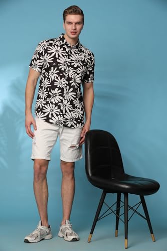 Image of Mens Printed Casual Shirts Short Sleeves Button Down Tropical Shirts (MS1 Black White S)