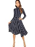 Floerns Women's Fit and Flare Plaid High Neck Long Sleeve Midi Dress Navy Plaid L