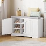 Fobyfurny Schuhbank mit Sitzfläche, Sitzbank mit Stauraum, 9 Fächer und verstellbaren Einlegeböden, für Flur, Schlafzimmer, Wohnzimmer, 80 x 34 x 55 cm, Leinenweiß FFXD001PW1