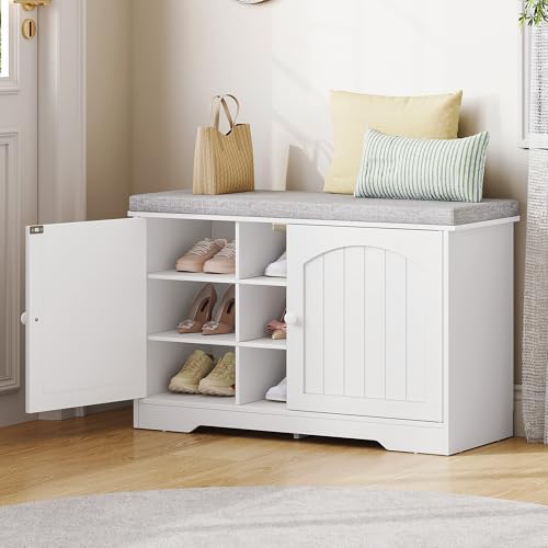 Fobyfurny Banc à Chaussures, Banc Chaussures Entrée avec Coussin, 9 Compartiments, Étagères Réglables, pour Couloir, Salon et Chambre, 80 x 34 x 55 cm,...