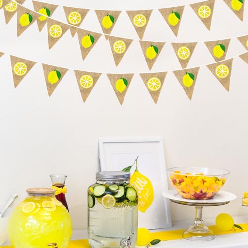 Image of 24Ft Lemon Burlap Banner Lemon Burlap Pennant Triangle Flag Garland Streamers Vintage Fireplace Wall Decor for Summer Lemonade Party Happy Lemon Day Rustic Birthday Baby Bridal Shower Decorations