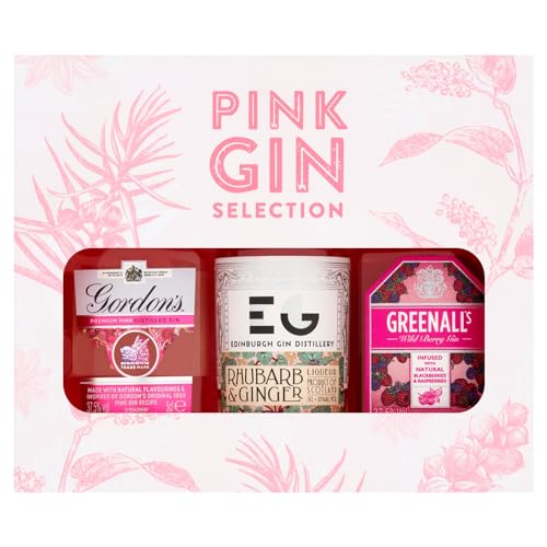 Pink Gin Selection (3x5cl) contains - Gordon's Pink Gin 37.5% ABV, Edinburgh Gin Rhubarb & Ginger 20% ABV, Greenall's Gin Wild Berry Pink 37.5% ABV.