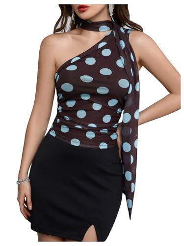 Image of RoseSeek Women's Y2K Leopard Polka Dots Halter Asymmetrical Neck Crop Tops | One Shoulder, Slim Fit, Sleeveless, Cheetah Print, Summer Tops, Scarf Tops, Party, Going Out Tops