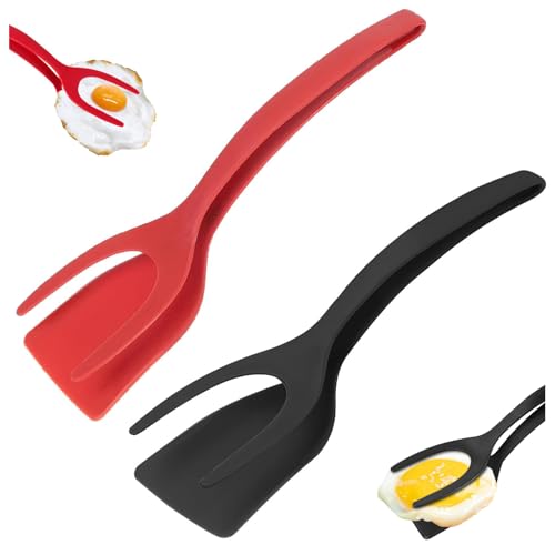 2-in-1 Egg Flipper Spatula,2 PCS Non-Stick Frying Tongs Heat-Resistant Kitchen Tool Fried Egg Turners Nylon Spatulas for Pancakes Fish Omelets and French Toast Black and Red